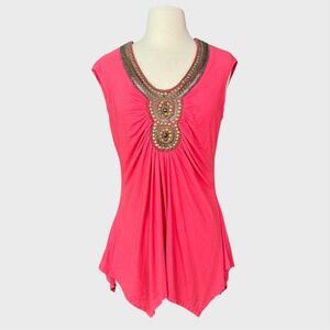 Vintage y2k Cache Beaded Sleeveless Top Medium Coral Color Handkerchief Hemline